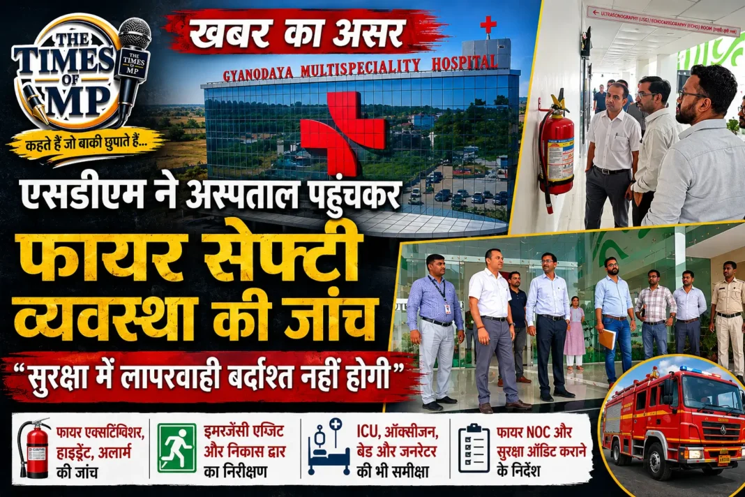नीमच फायर सेफ्टी जांच के दौरान अस्पताल में निरीक्षण करते प्रशासनिक अधिकारी