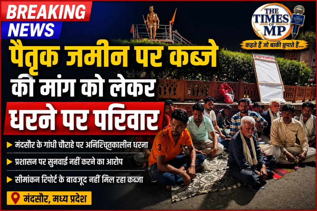मंदसौर गांधी चौराहे धरना में पैतृक जमीन कब्जा दिलाने की मांग करता परिवार