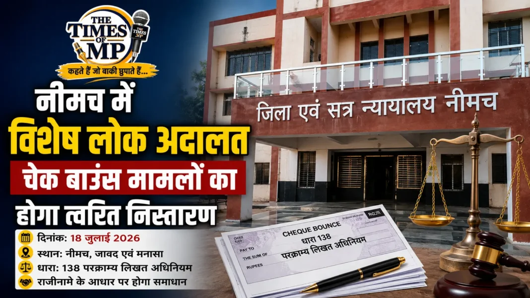 विशेष लोक अदालत के तहत नीमच में चेक बाउंस प्रकरणों के निराकरण का प्रतीकात्मक दृश्य